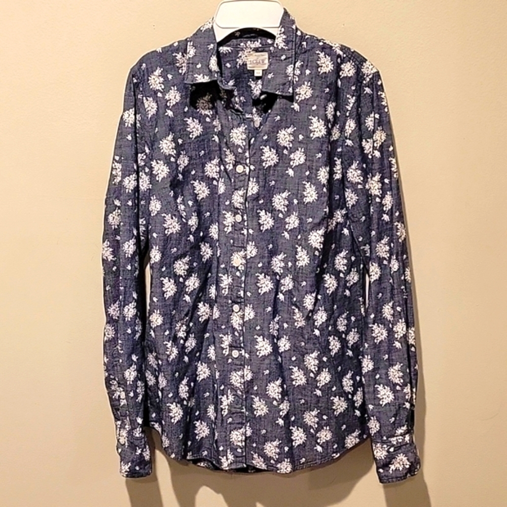 ❤️ J CREW PERFECT FIT CHAMBRAY FLORAL BUTTON DOWN BLUE WHITE COTTON SHIRT, XS